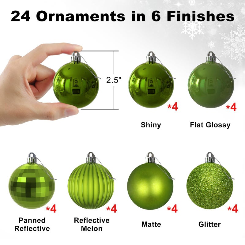 GameXcel Lime Green 2.5" Christmas Balls Christmas Tree Decoration Ornaments Shatterproof Hanging Balls for Birthday Halloween Holiday Wedding Decorations Set of 24pcs - Image 2